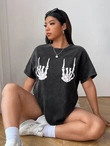 Comfortcana Plus Size Women Vintage Washed Soft Knit Fabric Halloween Skull Hand Print Cartoon Short Sleeve T-Shirt, For Summer - Black - View 3