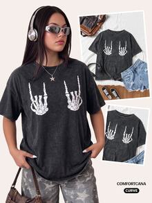 Comfortcana Plus Size Women Vintage Washed Soft Knit Fabric Halloween Skull Hand Print Cartoon Short Sleeve T-Shirt, For Summer - Black - View 6