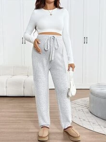 SHEIN Maternity Solid Color Waist Tie Casual Versatile Knit Long Pants - Grey - View 3