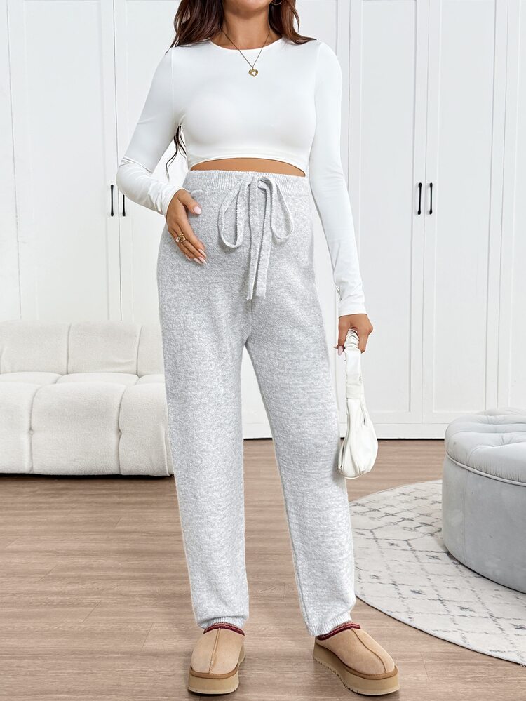 SHEIN Maternity Solid Color Waist Tie Casual Versatile Knit Long Pants - Grey - View 3