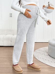 SHEIN Maternity Solid Color Waist Tie Casual Versatile Knit Long Pants - Grey - View 4