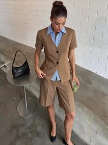 Lavishia V領收腰短袖西裝外套與寬腿中長褲套裝，通勤套裝，適合日常穿著 - 卡其色 - 查看 3