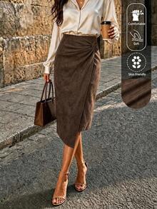 SHEIN Clasi Women's Solid Color Twisted Pleated Casual Versatile Daily Wear Skirt - Brown - View 5