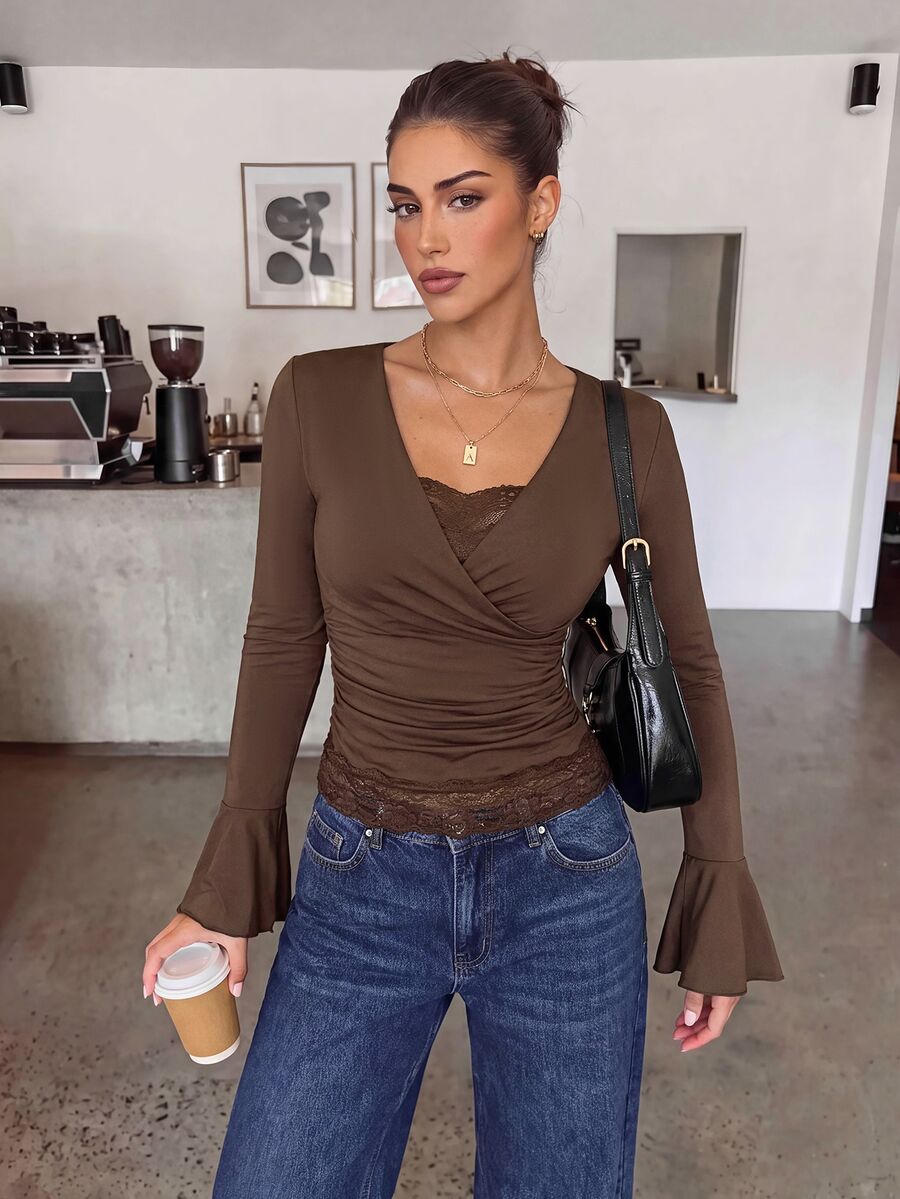 Lavishia Women's Elegant Ruched Asymmetric Lace Flared Sleeve Blouse - Coffee Brown - View 1