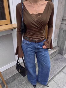Lavishia Women's Elegant Ruched Asymmetric Lace Flared Sleeve Blouse - Coffee Brown - View 4