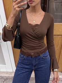 Lavishia Women's Elegant Ruched Asymmetric Lace Flared Sleeve Blouse - Coffee Brown - View 7