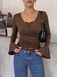 Lavishia Women's Elegant Ruched Asymmetric Lace Flared Sleeve Blouse - Coffee Brown - View 6