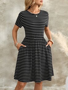 EMERY ROSE 女款夏季圓領花卉印花A字短版優雅端莊休閒洋裝，黑白條紋格紋野餐節慶穿搭 - 彩色 - 查看 5