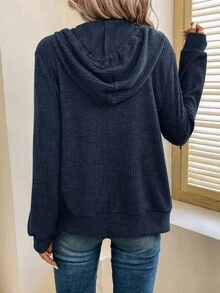 Easowa 女款運動賽日運動休閒基本連帽前開拉鍊運動衫 海軍藍條紋休閒長袖上衣 旅行 秋季 工作 日常穿搭 - 藏蓝色 - 查看 2