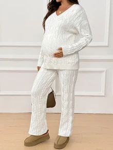 SHEIN Maternity Cable Knit V-Neck Drop Shoulder Long Sleeve Sweater And Adjustable Waist Knit Pants Set Winter - White - View 6