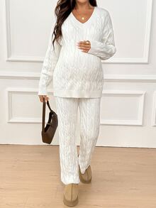 SHEIN Maternity Cable Knit V-Neck Drop Shoulder Long Sleeve Sweater And Adjustable Waist Knit Pants Set Winter - White - View 2