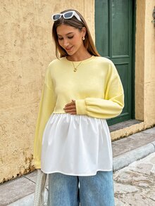 Lyckli Maternity Colorblock Round Neck Drop Shoulder Long Sleeve Casual T-Shirt Fall - Yellow - View 8