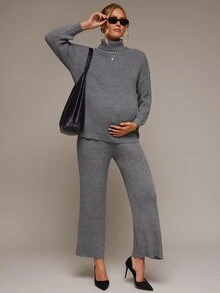 SHEIN طقم كنزة علوية بأكمام طويلة متعددة الاستخدامات وبنطلون طويل بخصر قابل للتعديل للحوامل - رمادي - مشاهدة 4
