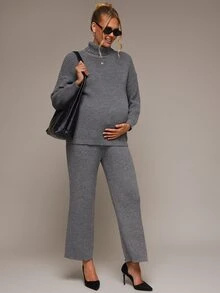 SHEIN طقم كنزة علوية بأكمام طويلة متعددة الاستخدامات وبنطلون طويل بخصر قابل للتعديل للحوامل - رمادي - مشاهدة 9