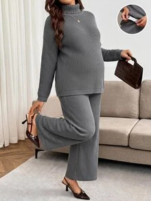 SHEIN طقم كنزة علوية بأكمام طويلة متعددة الاستخدامات وبنطلون طويل بخصر قابل للتعديل للحوامل - رمادي - مشاهدة 2