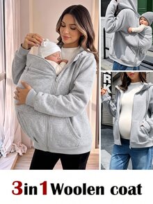 SHEIN Maternity Solid Color Zip-Up Casual Hooded 3-In-1 Jacket Fall - Grey - View 1