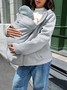 SHEIN Maternity Solid Color Zip-Up Casual Hooded 3-In-1 Jacket Fall - Grey - View 4