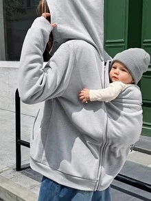 SHEIN Maternity Solid Color Zip-Up Casual Hooded 3-In-1 Jacket Fall - Grey - View 3