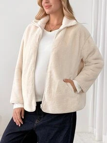SHEIN 孕婦舒適拉鍊長袖口袋三合一外套 秋季 - 米色 - 查看 9