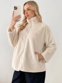 SHEIN 孕婦舒適拉鍊長袖口袋三合一外套 秋季 - 米色 - 查看 6