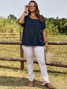 Rosumi Plus Size Solid Color Mesh Patchwork Loose Elegant Short Sleeve Navy Blue Blouse,Summer Vacation - Navy Blue - View 6