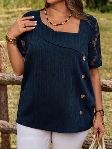 Rosumi Plus Size Solid Color Mesh Patchwork Loose Elegant Short Sleeve Navy Blue Blouse,Summer Vacation - Navy Blue - View 5