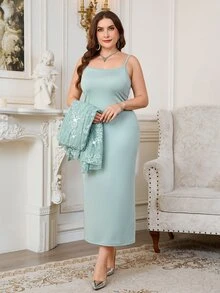 Reflora 大尺碼女款蕾絲蝙蝠袖開襟衫與細肩帶洋裝優雅兩件套，婚禮雞尾酒會晚宴正式穿著，淺藍色/嬰兒藍，夏季 - 綠色 - 查看 10