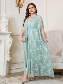 Reflora 大尺碼女款蕾絲蝙蝠袖開襟衫與細肩帶洋裝優雅兩件套，婚禮雞尾酒會晚宴正式穿著，淺藍色/嬰兒藍，夏季 - 綠色 - 查看 5