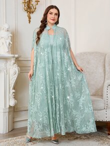 Reflora 大尺碼女款蕾絲蝙蝠袖開襟衫與細肩帶洋裝優雅兩件套，婚禮雞尾酒會晚宴正式穿著，淺藍色/嬰兒藍，夏季 - 綠色 - 查看 8