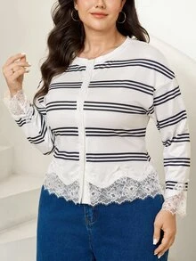 SHEIN LUNE Atasan Plus Motif Garis-Garis dengan Hiasan Renda dan Bahu Jatuh - Putih - View 5