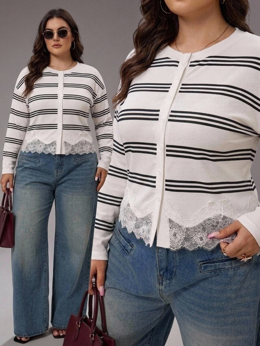 SHEIN LUNE Atasan Plus Motif Garis-Garis dengan Hiasan Renda dan Bahu Jatuh - Putih - View 1