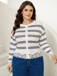 SHEIN LUNE Atasan Plus Motif Garis-Garis dengan Hiasan Renda dan Bahu Jatuh - Putih - View 3