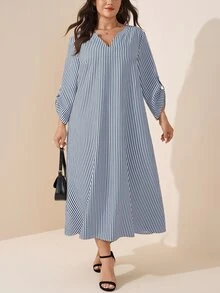 SHEIN LUNE Gaun Kasual Tradisional Bergaris Ukuran Besar untuk Musim Gugur, Gaun Formal Liburan Hawaii, Biru dan Putih - Biru - View 5