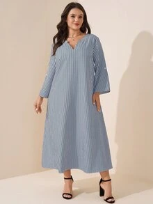 SHEIN LUNE Gaun Kasual Tradisional Bergaris Ukuran Besar untuk Musim Gugur, Gaun Formal Liburan Hawaii, Biru dan Putih - Biru - View 2