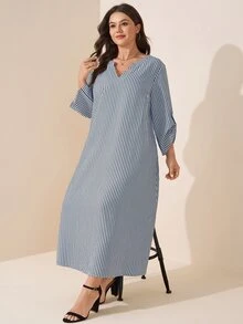 SHEIN LUNE Gaun Kasual Tradisional Bergaris Ukuran Besar untuk Musim Gugur, Gaun Formal Liburan Hawaii, Biru dan Putih - Biru - View 6