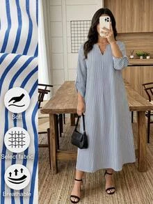 SHEIN LUNE Gaun Kasual Tradisional Bergaris Ukuran Besar untuk Musim Gugur, Gaun Formal Liburan Hawaii, Biru dan Putih - Biru - View 1