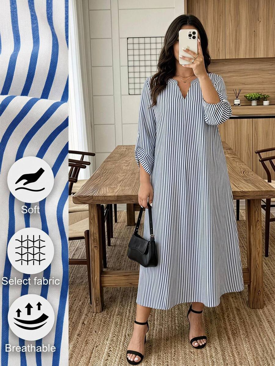SHEIN LUNE Gaun Kasual Tradisional Bergaris Ukuran Besar untuk Musim Gugur, Gaun Formal Liburan Hawaii, Biru dan Putih - Biru - View 1
