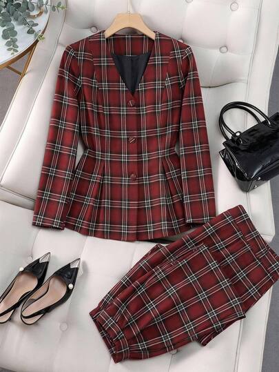 SHEIN LUNE Conjunto de chaqueta y pantalones a cuadros talla grande, estilo casual tradicional holgado elegante años 90, para cita nocturna, oficina, brunch, formal, rojo y blanco, verano