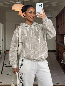 SHEIN PETITE CURVE Sweatshirt Motif Kamuflase Ukuran Besar Formal Liburan Abu-abu Musim Gugur Kasual Longgar Tradisional Formal Liburan untuk Pergi Keluar - Light Grey - View 5