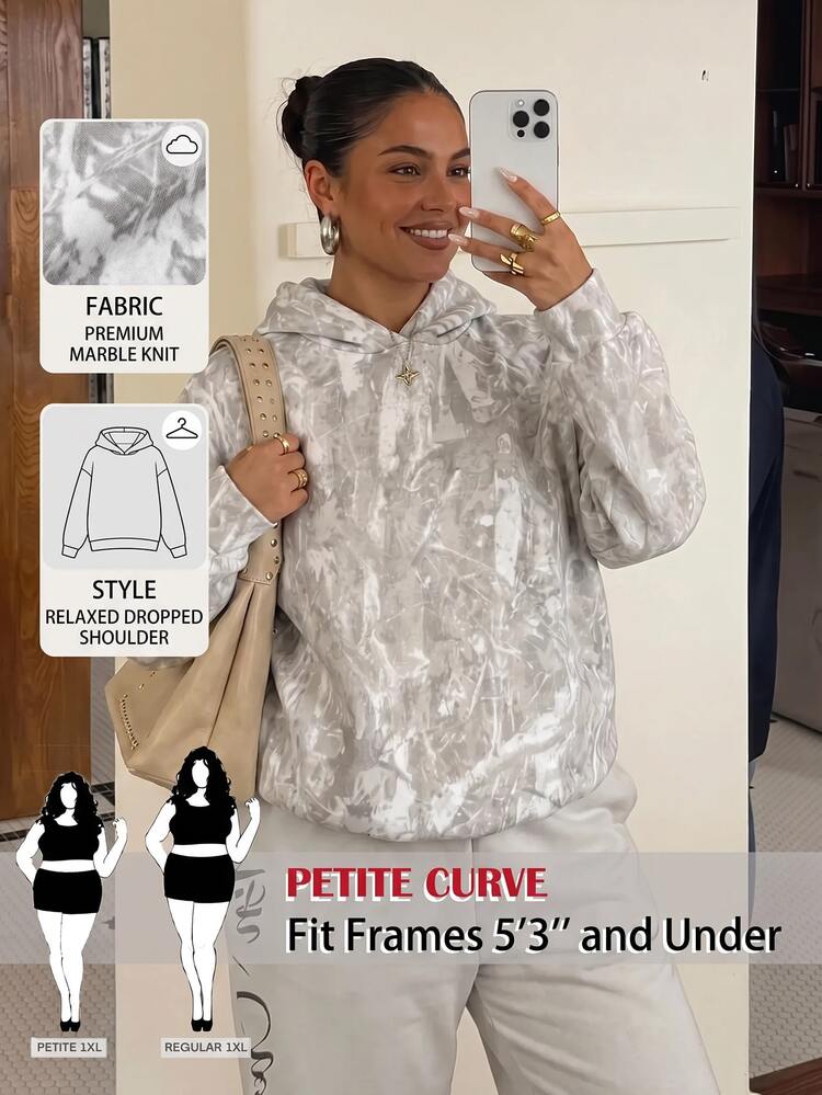 SHEIN PETITE CURVE 大尺碼迷彩印花運動衫 正式度假風 灰色 秋季休閒寬鬆 傳統正裝度假外出穿搭 - 淺灰色 - 查看 2