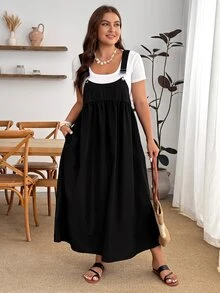 SHEIN Tall CURVE Đầm dây màu trơn phong cách thường ngày đa năng size lớn - màu đen - Xem 4