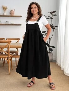 SHEIN Tall CURVE Đầm dây màu trơn phong cách thường ngày đa năng size lớn - màu đen - Xem 10