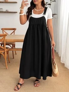 SHEIN Tall CURVE Đầm dây màu trơn phong cách thường ngày đa năng size lớn - màu đen - Xem 8