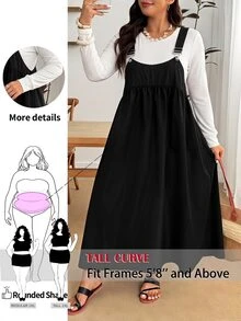 SHEIN Tall CURVE Đầm dây màu trơn phong cách thường ngày đa năng size lớn - màu đen - Xem 1