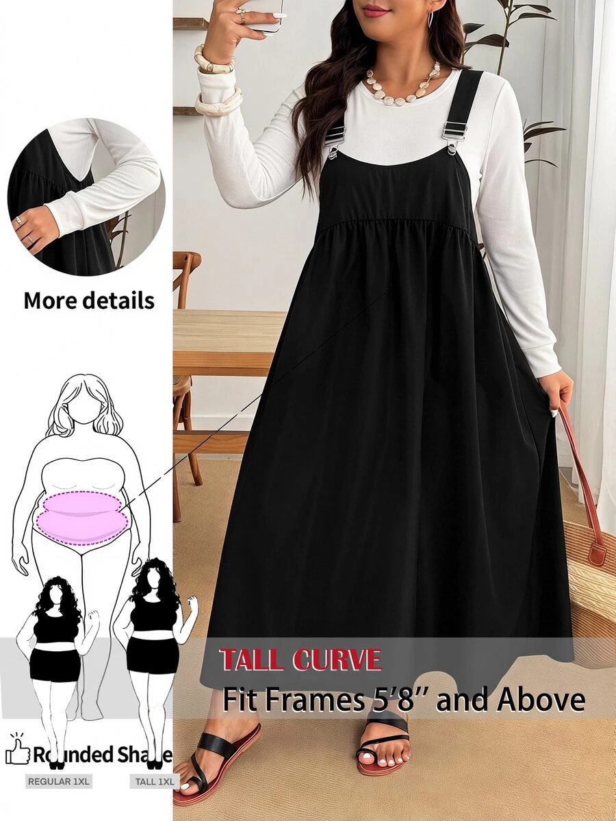 SHEIN Tall CURVE Đầm dây màu trơn phong cách thường ngày đa năng size lớn - màu đen - Xem 1