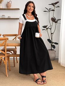 SHEIN Tall CURVE Đầm dây màu trơn phong cách thường ngày đa năng size lớn - màu đen - Xem 6