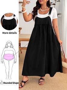 SHEIN Tall CURVE Đầm dây màu trơn phong cách thường ngày đa năng size lớn - màu đen - Xem 9
