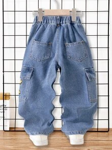 SHEIN Genkimix Kids 男童街頭風休閒拼色對比縫線寬鬆直筒百搭工裝牛仔長褲 - 中等水洗藍 - 查看 2