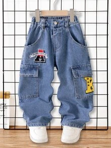 SHEIN Genkimix Kids 男童街頭風休閒拼色對比縫線寬鬆直筒百搭工裝牛仔長褲 - 中等水洗藍 - 查看 1