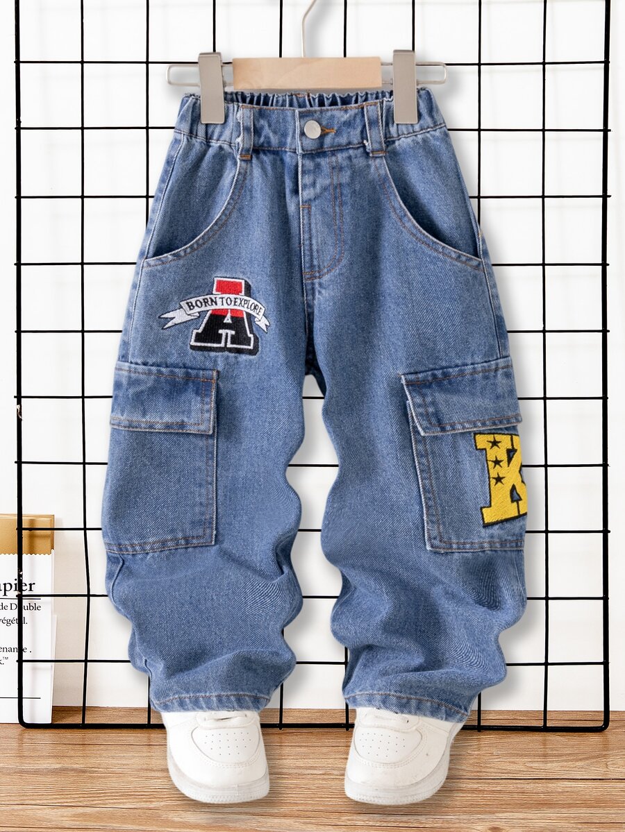 SHEIN Genkimix Kids 男童街頭風休閒拼色對比縫線寬鬆直筒百搭工裝牛仔長褲 - 中等水洗藍 - 查看 1